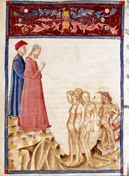 Círculo de Traidores: Dante e Virgil conhecem as almas dos traidores dos benfeitores. Página iluminada ilustrando a 34ª canção do Inferno extraída da "Divina Commedia" de Dante Alighieri (1265-1321). Século XIV, Veneza, Biblioteca Marciana