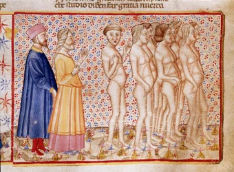 Círculo de violência para com Deus, natureza e arte: Dante e Virgil conhecem os blasfemos. Página iluminada ilustrando uma canção do Inferno desenha da "Divina Commedia" de Dante Alighieri (1265-1321). Século XIV, Veneza, Biblioteca Marciana