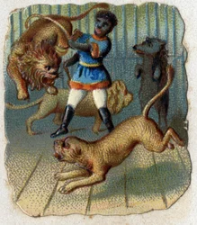Circo: um domador em uma gaiola com animais selvagens.