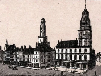 Cidade de Calais: antigo farol e prefeitura em "O mundo ilustra 168 vistas" Sem data (final do século XIX)