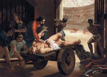 Claude Galien (Klaudios Galenos ou Claudio Galeno ou Claudius Galenus ou Galen, v. 131 - v. 201), médico grego que trata de um gladiador. Barcelona 1881