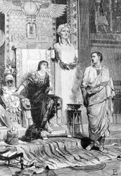 Cleópatra (69 AC - 30 AC), Rainha do Egito e Oitava, veio conversar com ela após a derrota de Áctium e a morte de Marco Antônio. Gravura do século XIX. Storia d