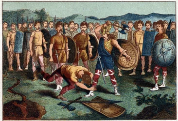 Clóvis (465-511) e o guerreiro franco que quebrou o Vaso de Soissons em 486 - Clóvis I derruba o soldado que tinha quebrado o Vaso de Soissons em 486. Cromolitografia do século XIX.