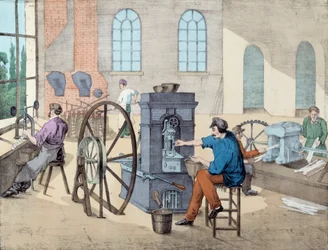 Fabricação de moedas: trabalhadores que trabalham em uma fábrica em várias etapas, fundindo e fundindo moedas. Gravura de Paris do século XIX, artes decorativas