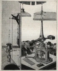 Moeda: O equilíbrio do vapor da Casa da Moeda de Londres. Gravura de 1885 em "Les arts et metiers illustres" de Adolphe BITARD.