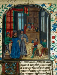 A cunhagem de moedas na Idade Média. Miniatura de um rascunho de Nicolas Oresme (1320-1382). Século XV a.N. Paris