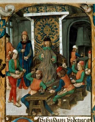 A cunhagem de moedas na Idade Média. Miniatura de um rascunho sobre moeda (provavelmente De Moneta) de Nicolas Oresme (1320-1382). Século XIV a.N. Paris