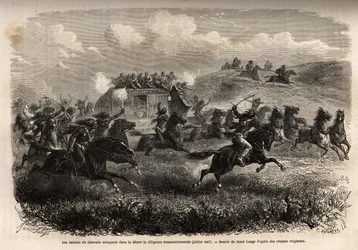 Índios do Colorado atacando a diligência transcontinental no deserto em julho de 1867. Engravure pour illustration le voyage au far west americain, de M. L. Simonin, em 1867, publicado em "Le tour du monde, nouveau journal des voyages", editado por Edouard