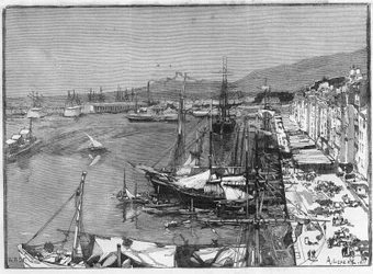 Navio comercial e arsenal no porto de Toulon (Var), França. Gravura no "Le Monde Illustré".