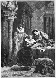 Concini, Leonore Galigai e Marie de Medici. Gravura no "Histoire de France" desde os tempos mais remotos até 1789 por M. Guizot