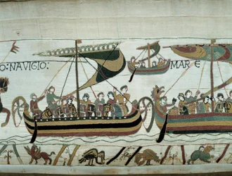 Conquete da Inglaterra por Guilherme o Conquistador (1027-1087) em 1066: as frotas normandas dirigem-se para Inglaterra Detalhe da Tapeçaria Bayeux ou Bordado da Rainha Mathilde