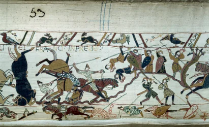 Conquete da Inglaterra pelo Duque da Normandia Guilherme o Conquistador (1027-1087) em 1066: A Batalha de Hastings Pormenor da Tapeçaria Bayeux ou Bordado da Rainha Mathilde