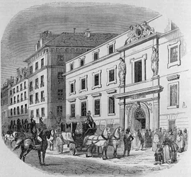 Conservatoire de musique de la rue du Faubourg Poissonniere em Paris: entrada em concerto. Gravura a partir de 1860