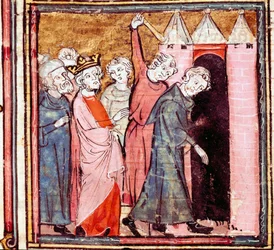 Conspiração contra Luís o Piedoso (778-840) imperador do Ocidente, seu filho Lothaire impôs-lhe uma penitência pública no mosteiro de São Medardo de Soissons em 833 Miniatura retirada de "Grandes Crônicas da França" 1375-1379 Biblioteca Municipal, Cas