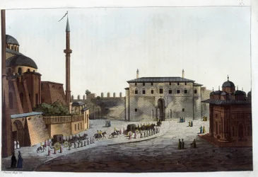 Constantinopla: A porta do Serail. Soliman, o Grande, foi o primeiro a levar todo o seu pátio e harém até ele, exceto para aqueles que tinham vivido com seus antecessores. Em "Le costume ancien et moderne