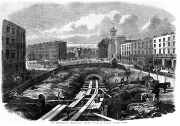Construção do Metro de Londres em 1850: obras em King Cross.