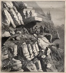 Construção de uma estrada de montanha nos Alpes - Gravura em "La Science francaise