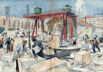 Construção do Grand Palais, em Paris, em 1898, por ocasião da Exposição Universal de 1900. No centro, o disco diamantado para cortar pedras cortadas. Ilustração em "Le Pelerin" de 3 de julho