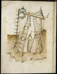 Trabalho de construção - Manuscrito: folha de pergaminho de um manual de engenharia para a construção de edifícios civis, religiosos e militares, anônimo, final do século XV (figura em tinta chinesa)