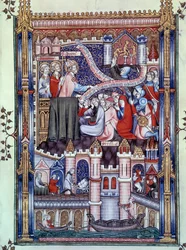 Conversão dos parisienses: numa ponte de Paris, onde se encontram lojas de ourivesaria, os parisienses quebram ídolos em ouro. Miniatura do manuscrito "Vida de São Denis" de Yves, monge de Saint-Denis