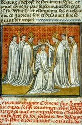 Coroação de Hugo Capeto (987) por Adalberão (ca. 925-990), arcebispo de Reims - iluminura sobre velino do manuscrito medieval «Grandes Crónicas de Saint-Denis», finais do século XIV (ref. 512)