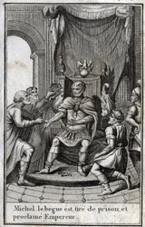 Coroação de Miguel II, o Amoriano (o Gago) (770-829), como imperador bizantino após a sua libertação da prisão em 820. É o fundador da dinastia amoriana. Em «Belezas da história do Baixo Império», redigido por P. J. B. N. 1814.