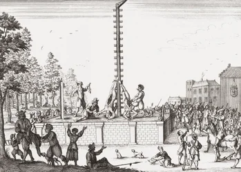 Cadáveres de Johan e Cornelis de Witt pendurados na forca.