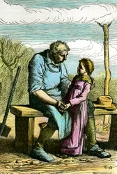 Cosette e Jean Valjean. Ilustração para o romance "Les miserables" de Victor Hugo (1802-1885) Gravura de 1865 Coleção particular