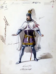 Traje para a ópera "I Lombardi" ou "Les Lombards à la première Crusade" composta por Giuseppe Verdi (1813 - 1901) em 1843. Desenho anônimo em aquarela. Personagem de Alvino para a apresentação no Scala em Milão.