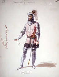 Traje para a ópera "I Lombardi" ou "Les Lombards à la première Crusade" composta por Giuseppe Verdi (1813 - 1901) em 1843. Desenho anônimo em aquarela. Personagem de Raimondo para a apresentação no Scala de Milão.
