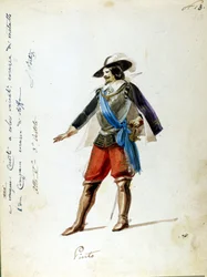 Traje para o personagem de Arrigo na ópera "Giovanna de Guzman" nome da primeira representação do Vepres siciliano (I vespri siciliani) composto por Giuseppe Verdi. Traje anônimo feito para o Teatro Scala de Milão, em 1856.