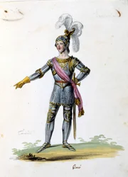 Traje para o personagem de Tancrede desenha de Gironi para a ópera "Tancredi" (Tancredo) de Gioacchino Rossini. 1813