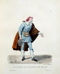 Traje de Niccolo Barbieri, conhecido como Beltrame de Milão (falecido em 1641) em 1600. Figurino da comédia italiana (commedia dell