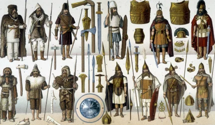 Fantasias, armaduras e armas de guerreiros bárbaros