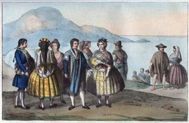 Trajes dos habitantes de Concepción, Chile - gravura de «Usi e Costumi di Tutti i Popoli dell