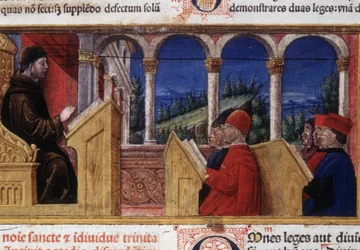 Curso na Universidade. Manuscrito do século XV.