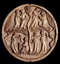 Cenas de amor cortês. Válvulas de caixa espelhada de marfim. O início do século XIV. Dim. 11 cm. Paris, Museu do Louvre