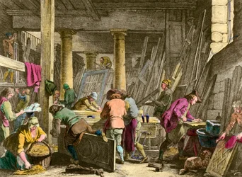 Artesanato: "Oficina do carpinteiro Sieur Jadot" Trabalhadores no trabalho no século XVIII. Gravura do século XIX. Colecção privada