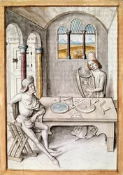 Artesanato: fator harpa. Uma oficina de fabrico de instrumentos. Miniatura de um manuscrito de "As Fábulas de Bidpai".