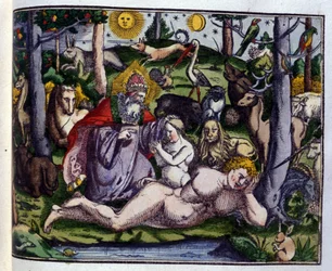 A criação: Deus representado rodeado por seres humanos e animais (cão, grou, leão, veado, castor, macaco, unicórnio, javali, papagaios, coelho...), segundo Historiae animalium de Konrad Gesner, Tiguri