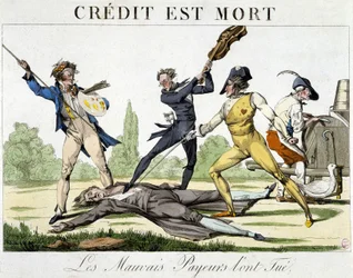 Crédito morreu: maus pagadores mataram-no - caricatura por volta de 1820