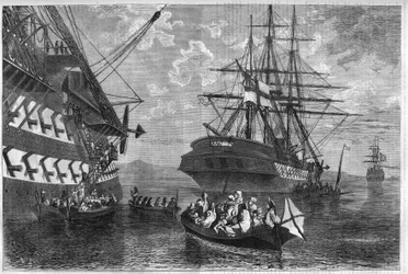 Revolta cretense de 1866-1869 (insurreição da ilha de Creta contra o Império Otomano): Famílias cretenses à procura de asilo em navios de poderes neutros. Gravura em "L
