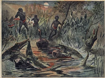 Caça ao crocodilo no Níger com uma criança como isca. Ilustração em "Le Pelerin" de 4 de dezembro