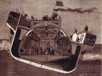 Secção transversal de um barco concebido por Henry Bessemer (1813-1898) contra os enjoos do mar. Gravura do século XIX.