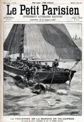 Atravessando a manga em velocipede: um barco de pesca recolhe Georges Pinkert no mar que tinha feito a aposta de atravessar a manga com o velocipede da água que ele tinha inventado. Gravura no "Le Parisien".