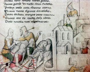Cruzados a atacar uma fortaleza mourisca. Ilustração para o poema toscano «Febusso e Breusso». Manuscrito MS.B.R.45. Século XV. Florença, Biblioteca Nazionale