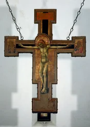 Crucificação Pintura anónima em madeira na parte de trás de uma cruz. Varazze do século XV, Cappella del Castello Invrea Itália