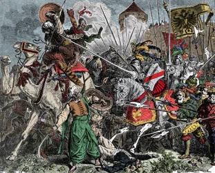 Cruzados em batalha - Cruzada: cavaleiros a combater os Sarracenos