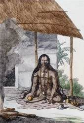 Cultura, Civilização e Sociedade Indiana: Retrato de um Fakir (Faquir) durante a oração, Índia. Gravura de 1808.