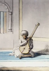Cultura, civilização e sociedade indiana: Músico tocando Thambourah (Tamboura), instrumento tradicional da Índia. Gravura 1808.